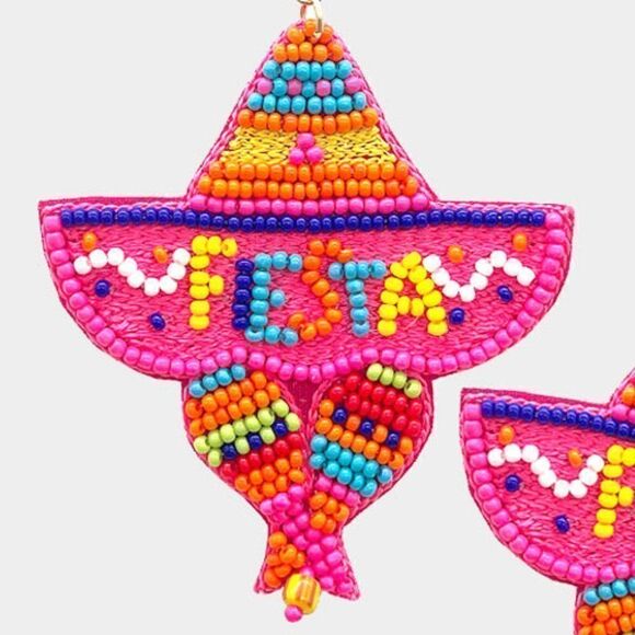Fiesta Sombrero Pink Seed Beaded Earrings - Picture 2 of 6